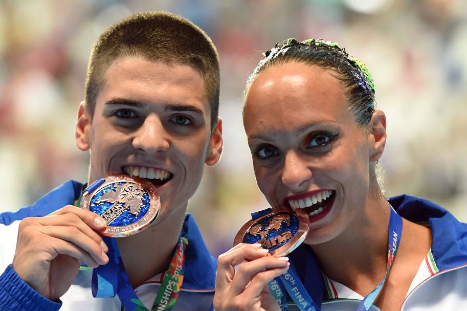 Mondiali di nuoto a Kazan, Russia. Bronzo per Mariangela Perrupato, 26 anni, e Giorgio Minisini, 19, nel sincro misto. (Afp)